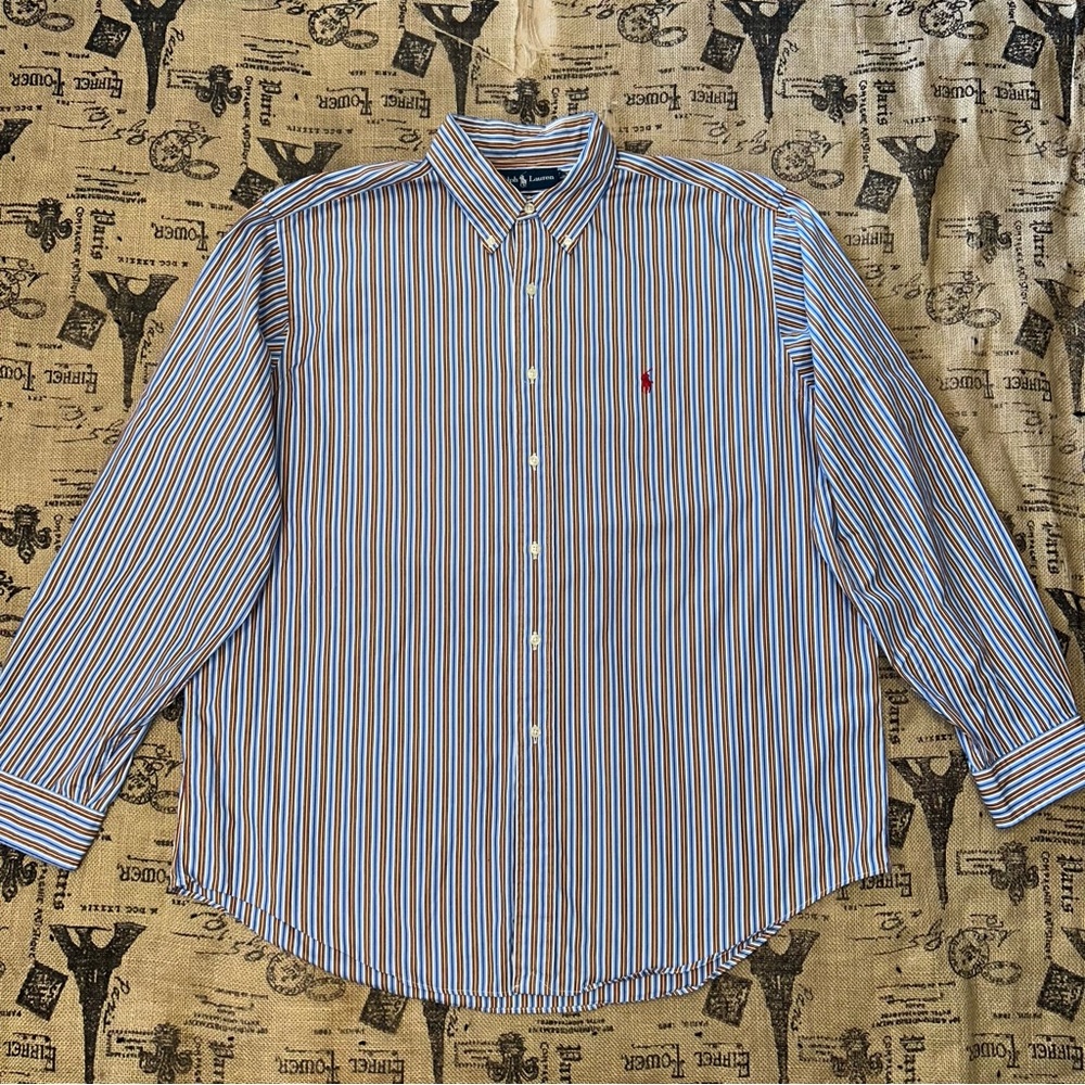 Ralph Lauren Blue/White Striped Classic Fit Button-Up Shirt Size XL